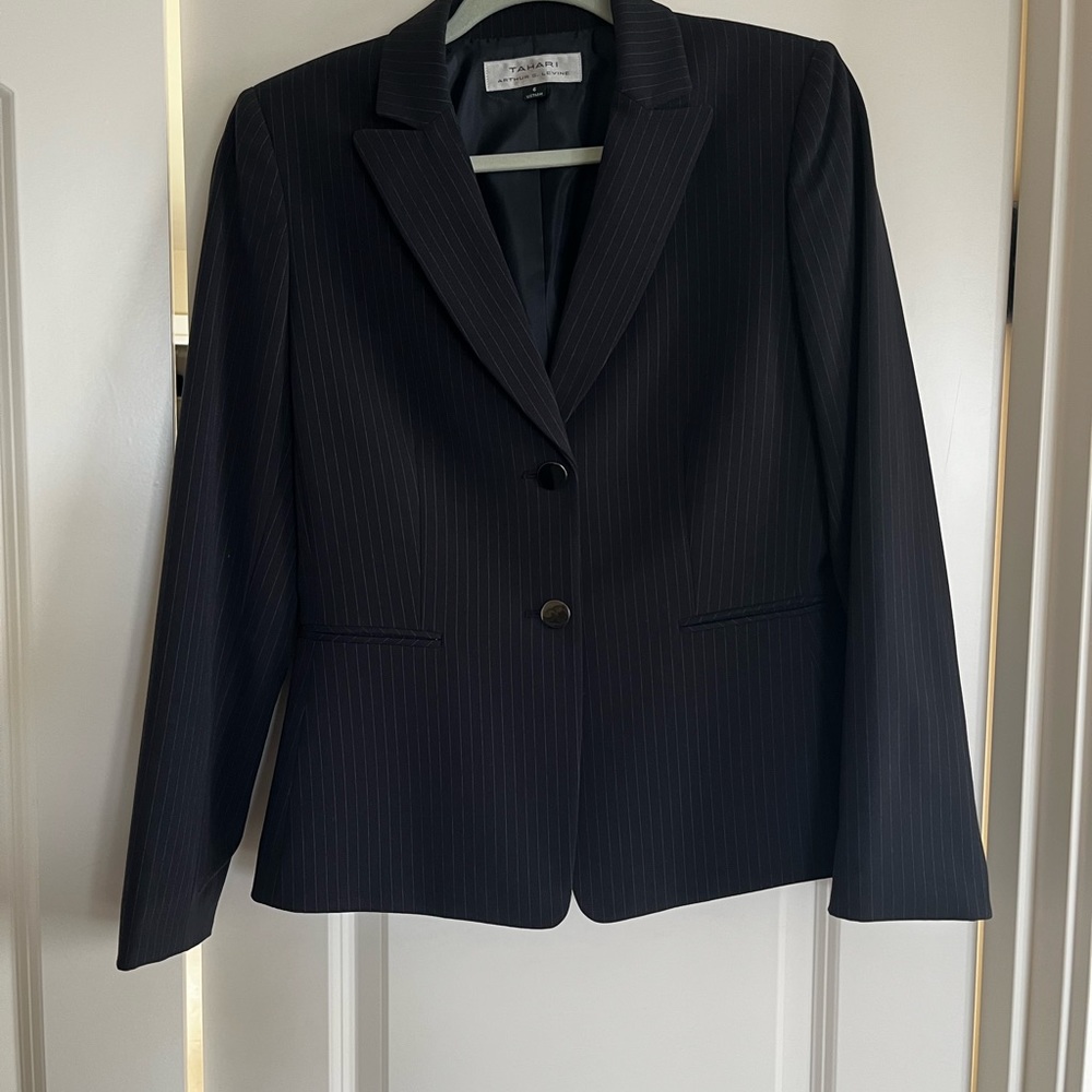 Navy and white pinstripe dress and blazer combo